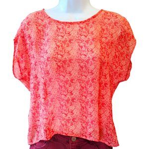 Delia’s Red-Orange and Tan Sheer Lace Pattern Top with Neon Zipper Back